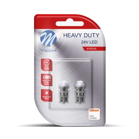 W5W 24V T10 W1,2x9,5d OSRAM LED 1xSMD2835 ΛΕΥΚΟ (ΚΑΡΦΩΤΟ ΑΚΑΛΥΚΟ) HEAVY DUTY BLISTER M-TECH - 2 ΤΕΜ. Χωρίς Κάλυκα